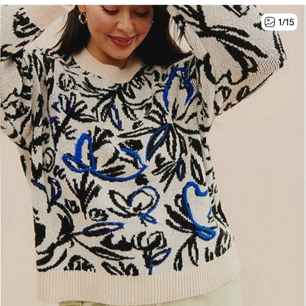 Anthropologie Floral Stencil Pop Art Embroidered Sweater